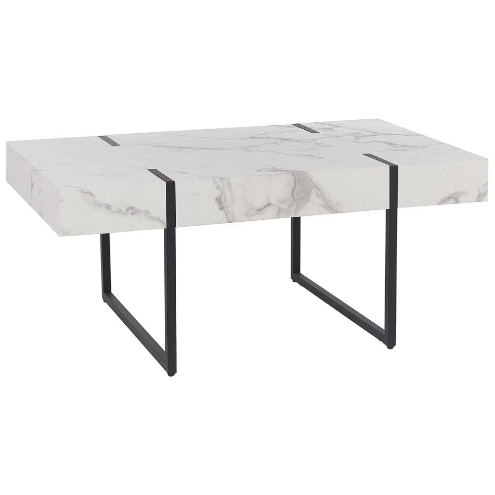Tavolino Bianco con MDF Nero Metallo 100 x 60 cm Gambe da Tavolo Effetto Marmo Rettangolare Stile Moderno