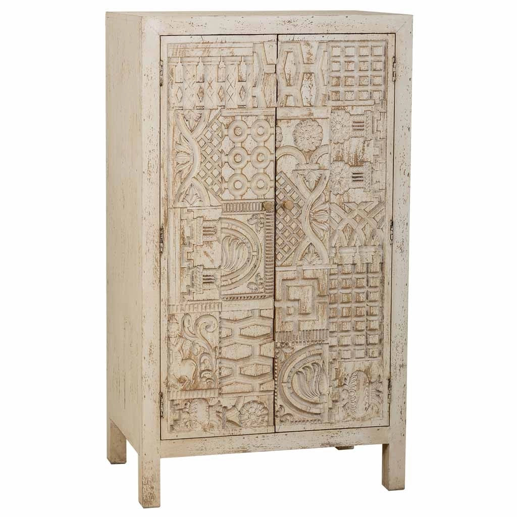 Armadio in legno intagliato artigianalmente a 2 ante beige 78x35x140