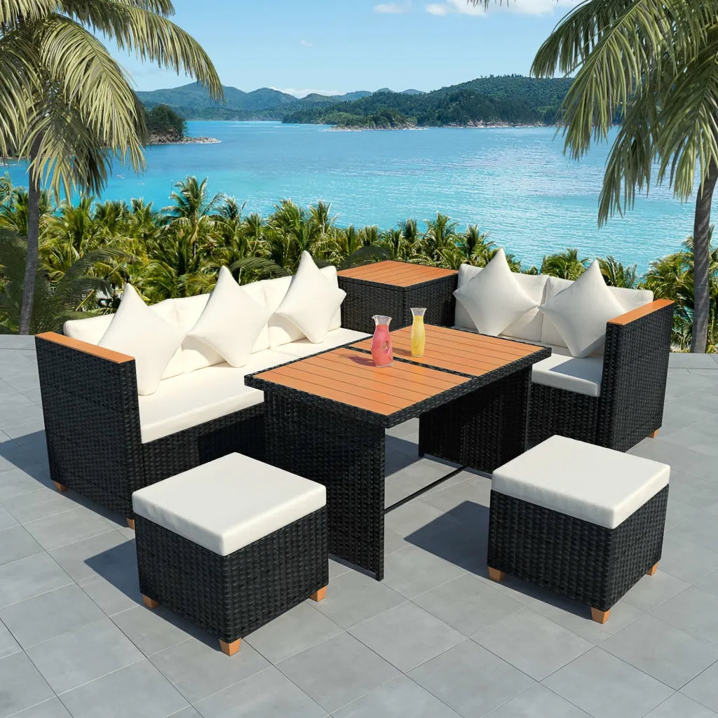 Set Divani da Giardino 7 pz con Cuscini in Polyrattan Nero cod mxl 40730