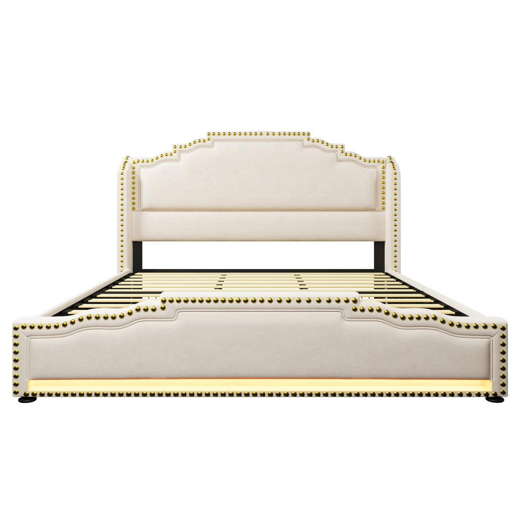 Letto imbottito matrimoniale 180x200 cm con 4 cassetti, LED, USB e Type-C, velluto beige, senza materasso