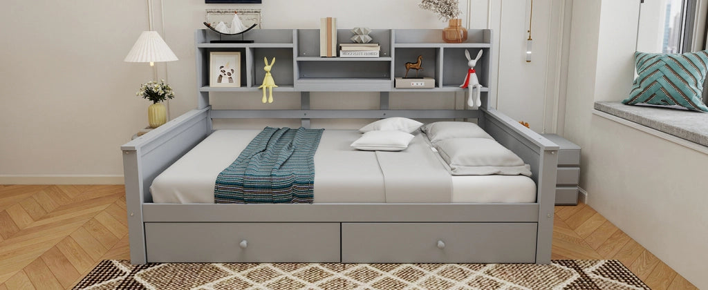 DESMIU Letto bambino 90 × 200 cm con 2 cassetti, ripiani, senza materasso, in legno, grigio