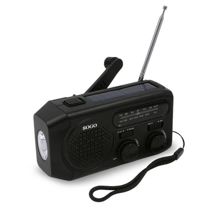 Radio portatile AM/FM con ricarica solare e dinamo, batteria 2000mAh, torcia LED di emergenza, caricabatterie USB - SOGO