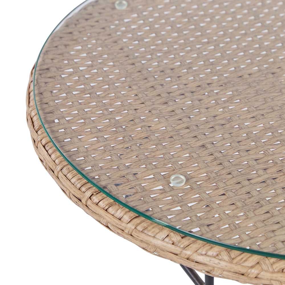 Set da 3 pezzi da bistrot, in finto rattan marrone, con gambe a forcina in metallo nero, piano in vetro
