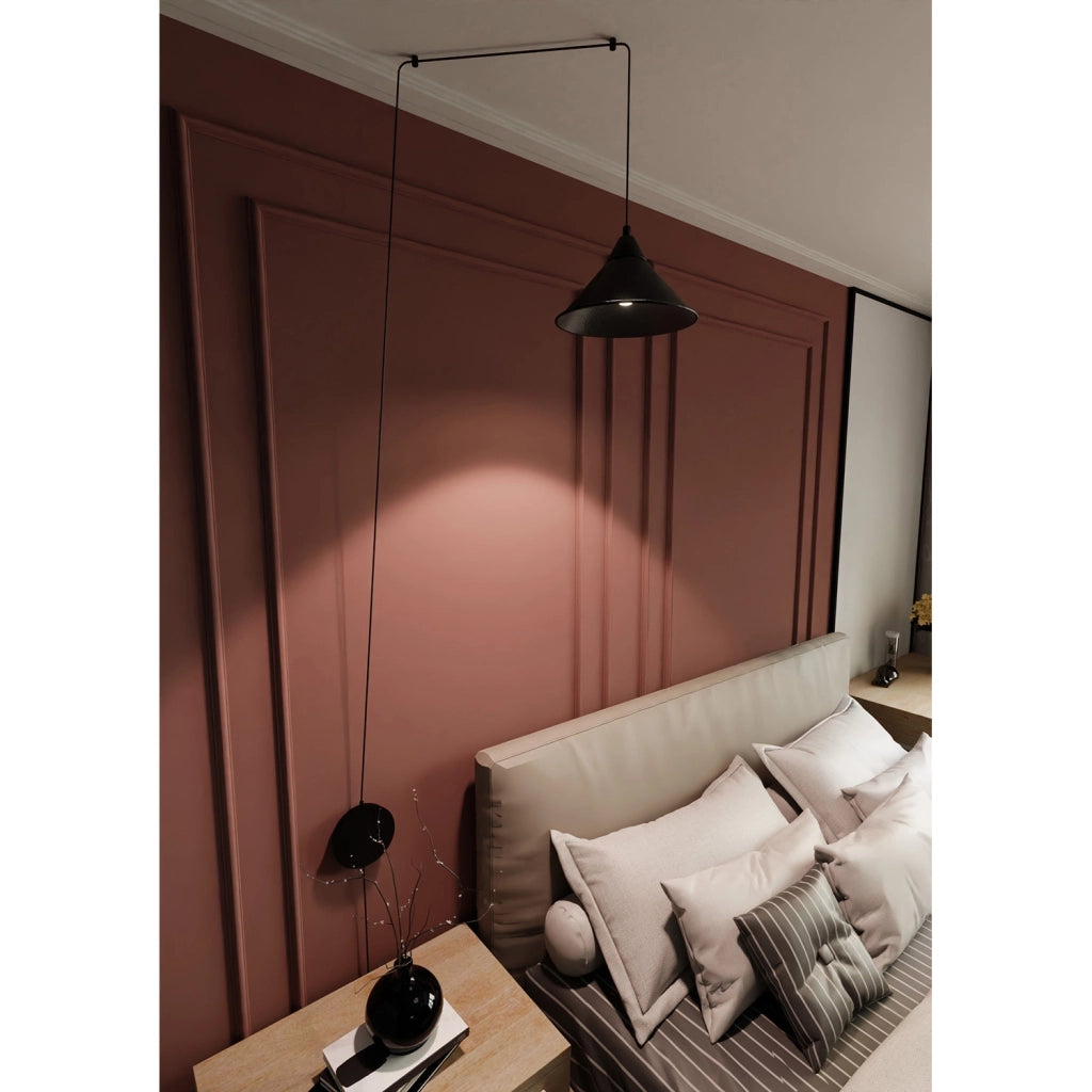 Sospensione Minimal 1 Luce Fujin In Acciao Nero E Paralume A Cono