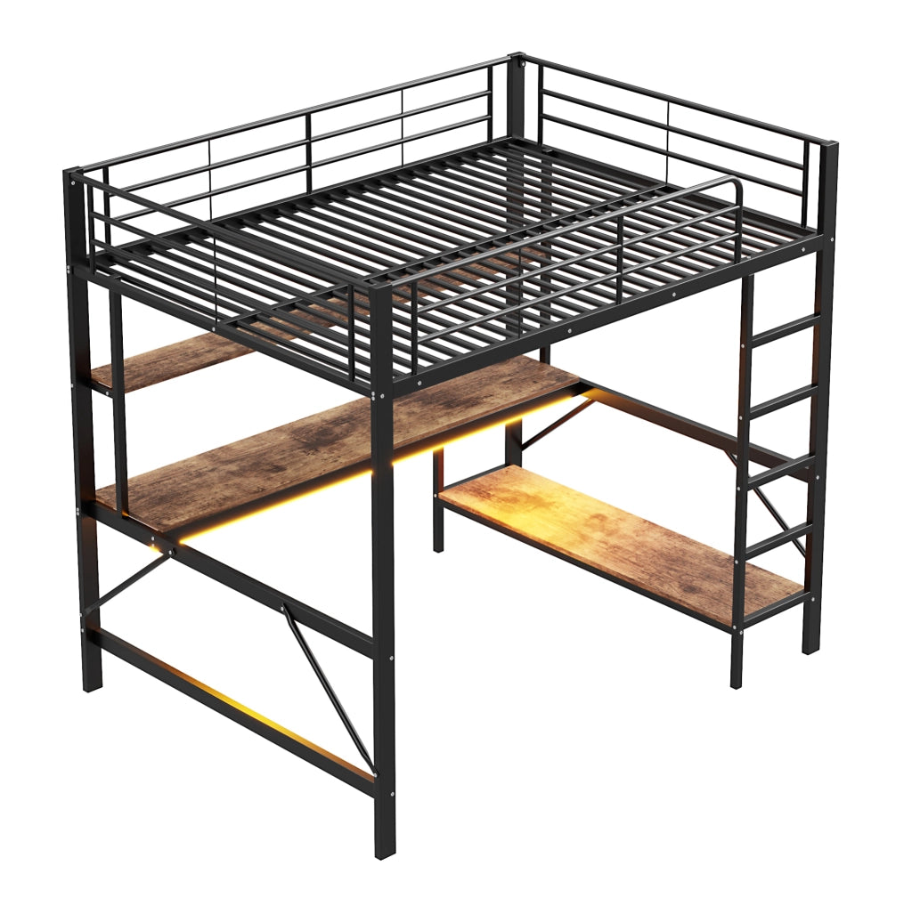 Letto a soppalco 140x200 cm; con scrivania e mensola; metallo; nero (Senza materasso)