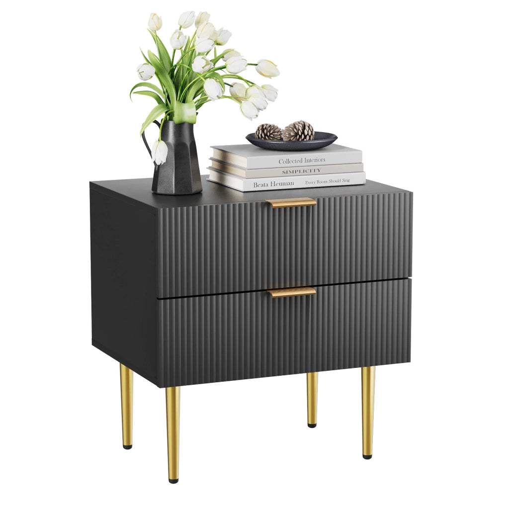 Comodino 64.5x48.0x15.0 cm con 2 cassetti; design a scanalature verticali; MDF e metallo; nero