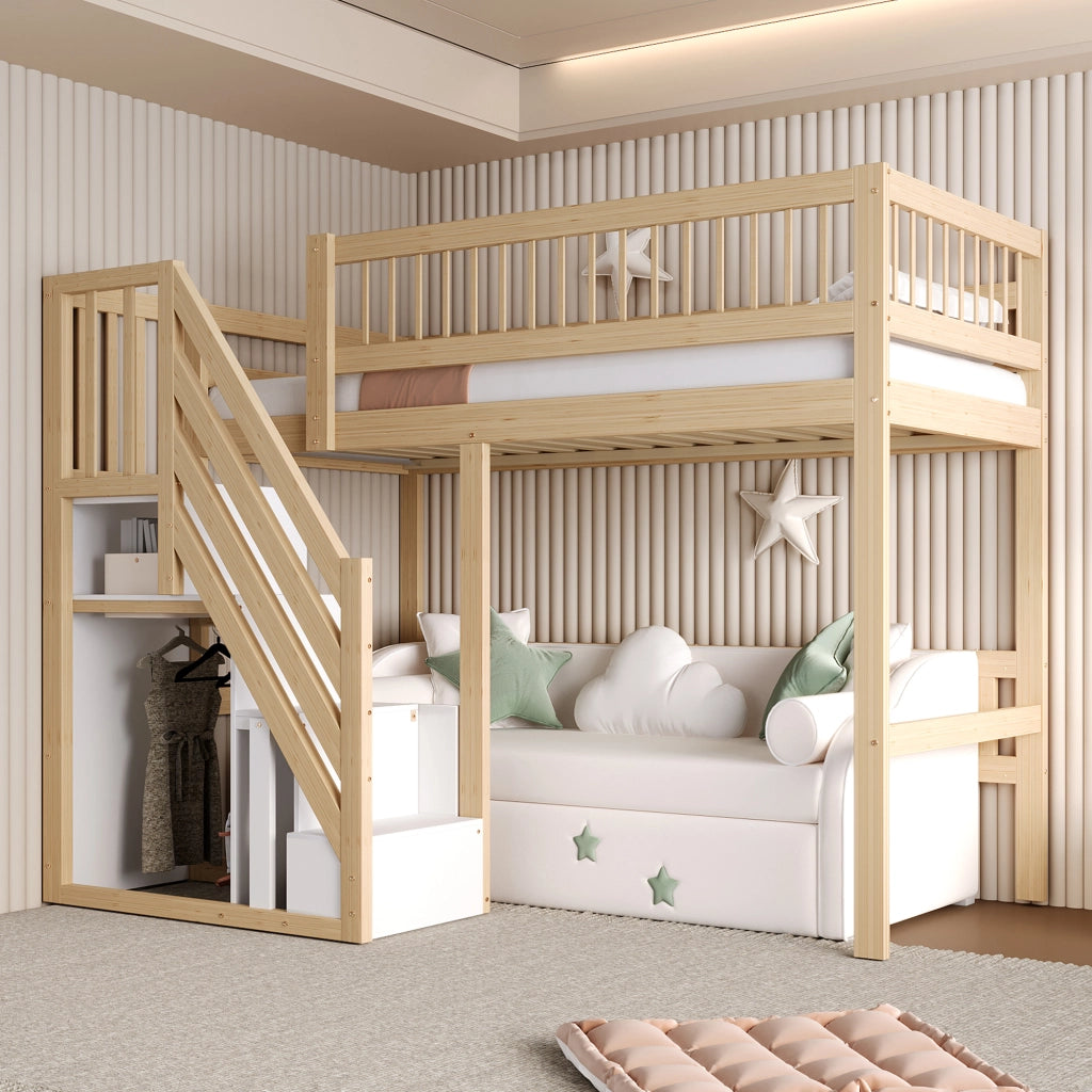 Letto singolo in legno massello naturale con scala e contenitori integrati 90x200 cm