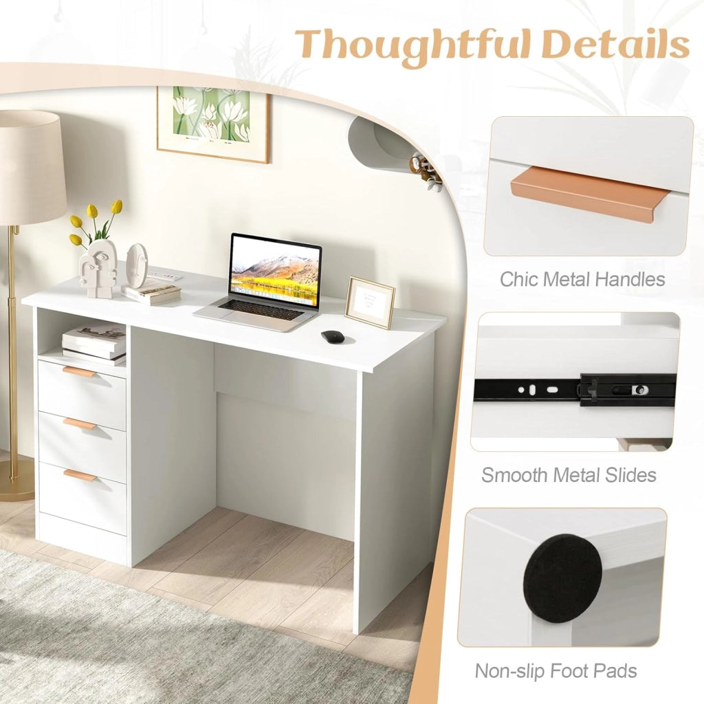 Scrivania per Casa con Presa Elettrica, Scrivania da 105 CM con 3 Cassetti e Scomparto Aperto, Postazione di Lavoro Moderna per Computer con Porte USB e Tipo-C, per Studio o Camera da Letto