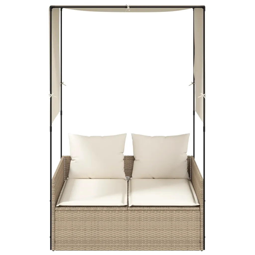 Lettino Prendisole con Tetto e Tende Beige in Polyrattan 4002759