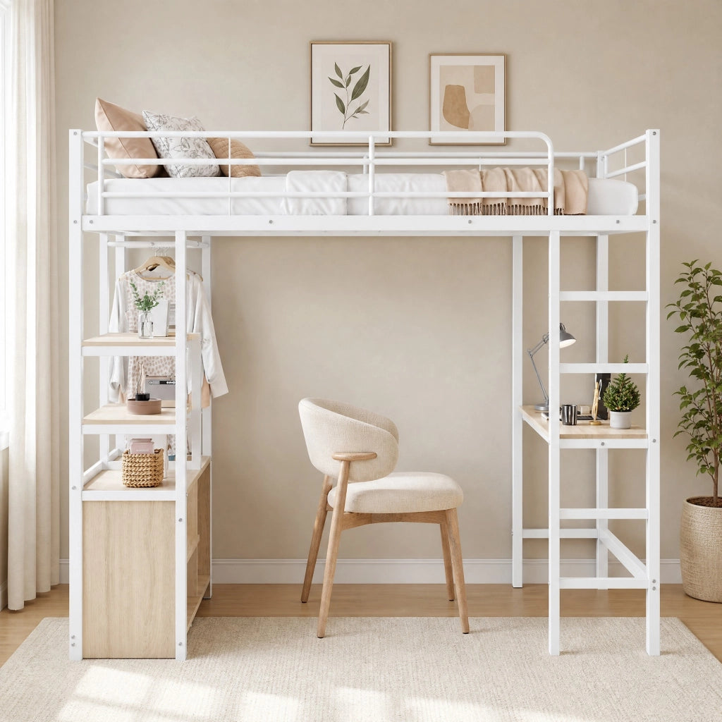 DESMIU Letto a soppalco 1 posto con scrivania, presa, USB e scaffali 90 × 200 cm, senza materasso, metallo bianco