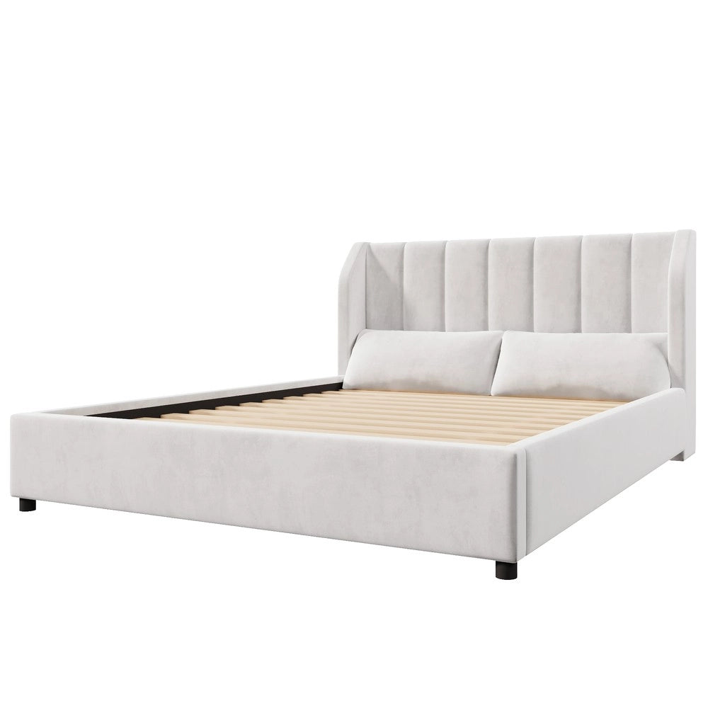 Letto Imbottito in Velluto ¨C Minimal ¨C Beige 140x200 cm con Rete a Doghe