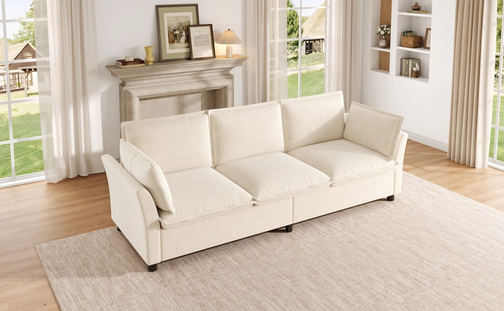 Divano 3 posti modulare con seduta ampia e cuscini per braccioli, struttura in metallo, in chenille beige