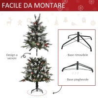 Albero di Natale Innevato 150cm con Bacche Rosse e Pigne Bianche, Base Rimovibile Pieghevole, 440 Rami, Verde