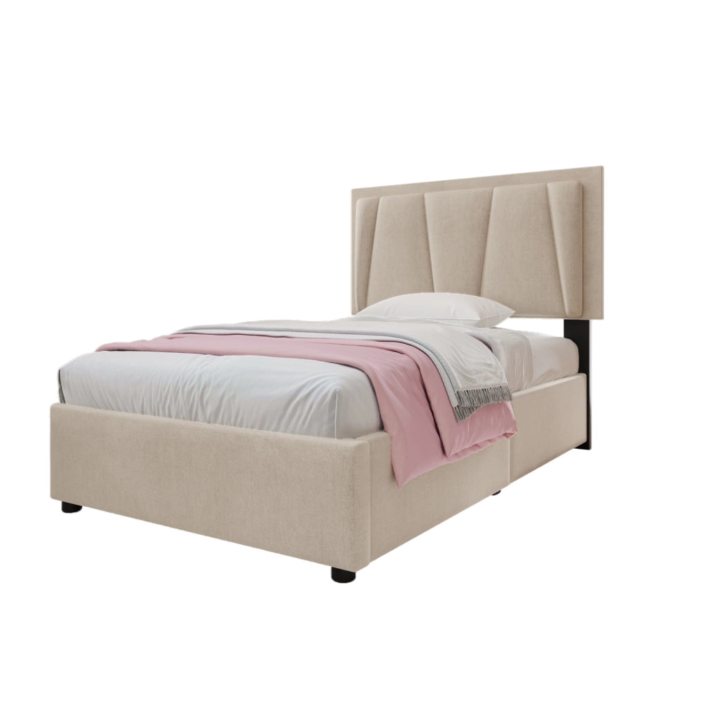 Letto singolo 90x200 cm con LED; 2 cassetti e testiera regolabile; tessuto beige