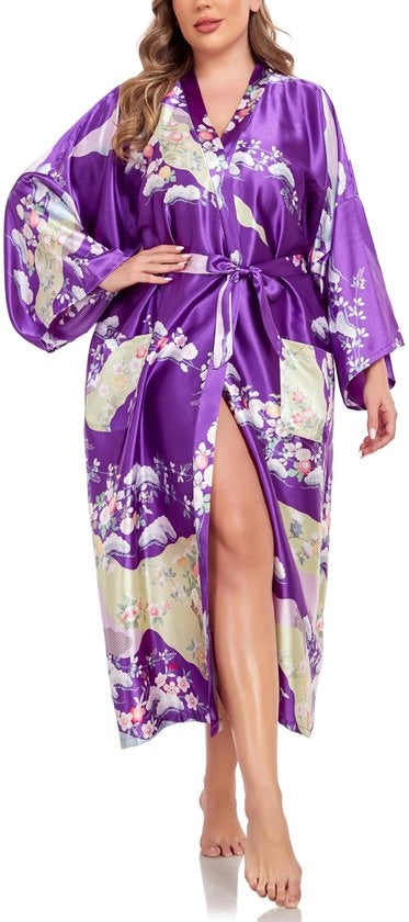 Kimono Badjas Donna Lungo 3XL Plus Size Camicia da Camera Leggera Kimono Giapponese Yukata Fiori Viola