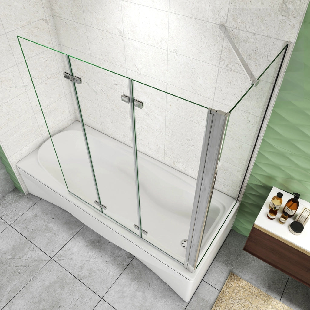 H.140 cm Parete Doccia Per Vasca con Lato Fisso 130x65 cm 3 Ante Movibili Pieghevoli a Libro in Vetro Temperato 6 mm Trasparente Anticalcare Telaio Cromo Lucido