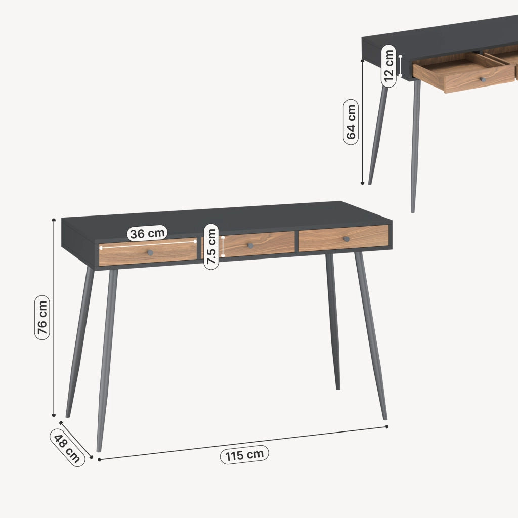 Scrivania Tumba con 3 Cassetti 115 x 48 x 76 cm - Nero/Effetto Noce [en.casa]