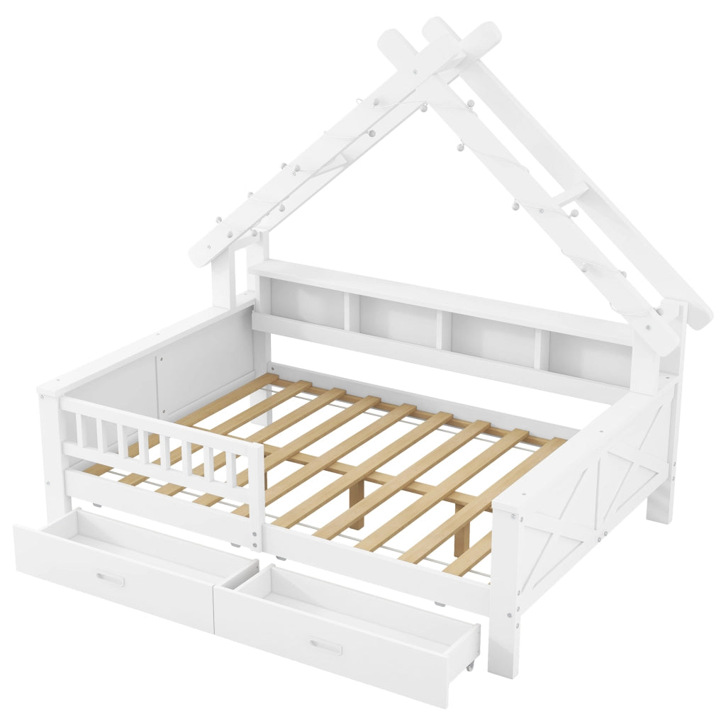 Letto a Casetta 140x200, Letto in Legno con LED, Bianco con Cassetti