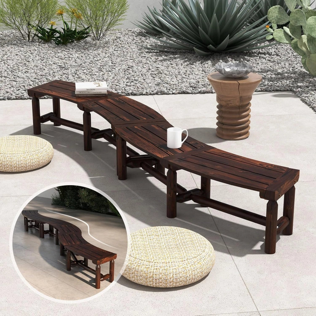 Panchina da Esterno in Legno Carbonizzato, Panca Curva con Sedile Ampio e a Doghe, Panchina da Balcone, Giardino e Cortile, Carico Massimo 325 kg