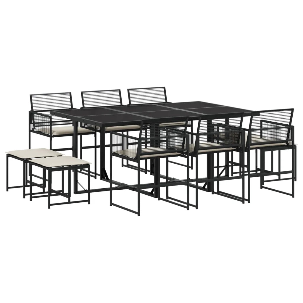 Set da Pranzo da Giardino 11 pz con Cuscini in Polyrattan Nero