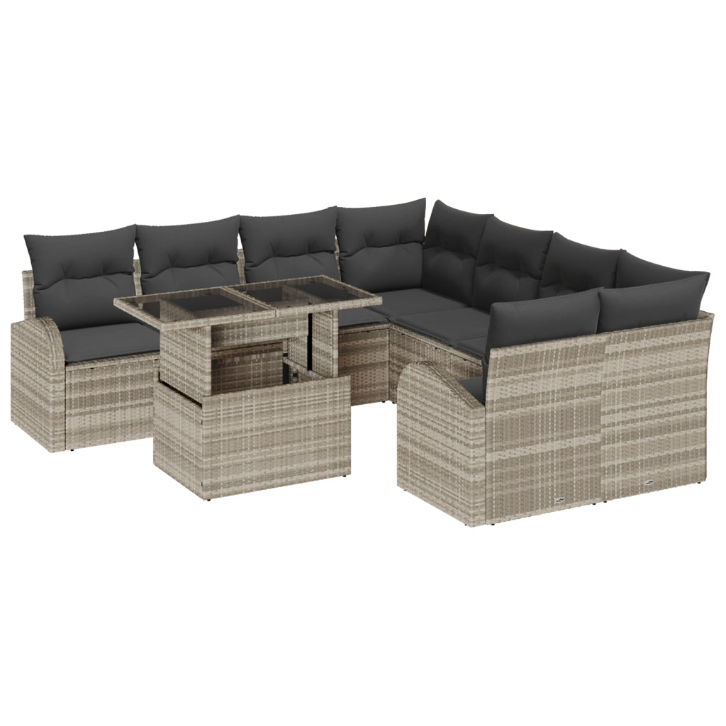 Set Divano da Giardino 9 Pezzi con Cuscini Grigio Chiaro in Rattan Polimerico