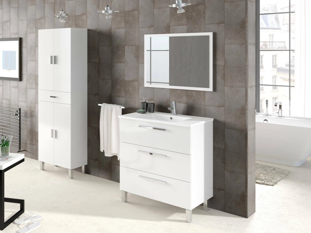 Mobile sottolavabo Elleboro, Mobiletto per bagno, Armadio a 3 cassetti e specchio, lavabo non incluso, cm 80x45h86, Bianco lucido