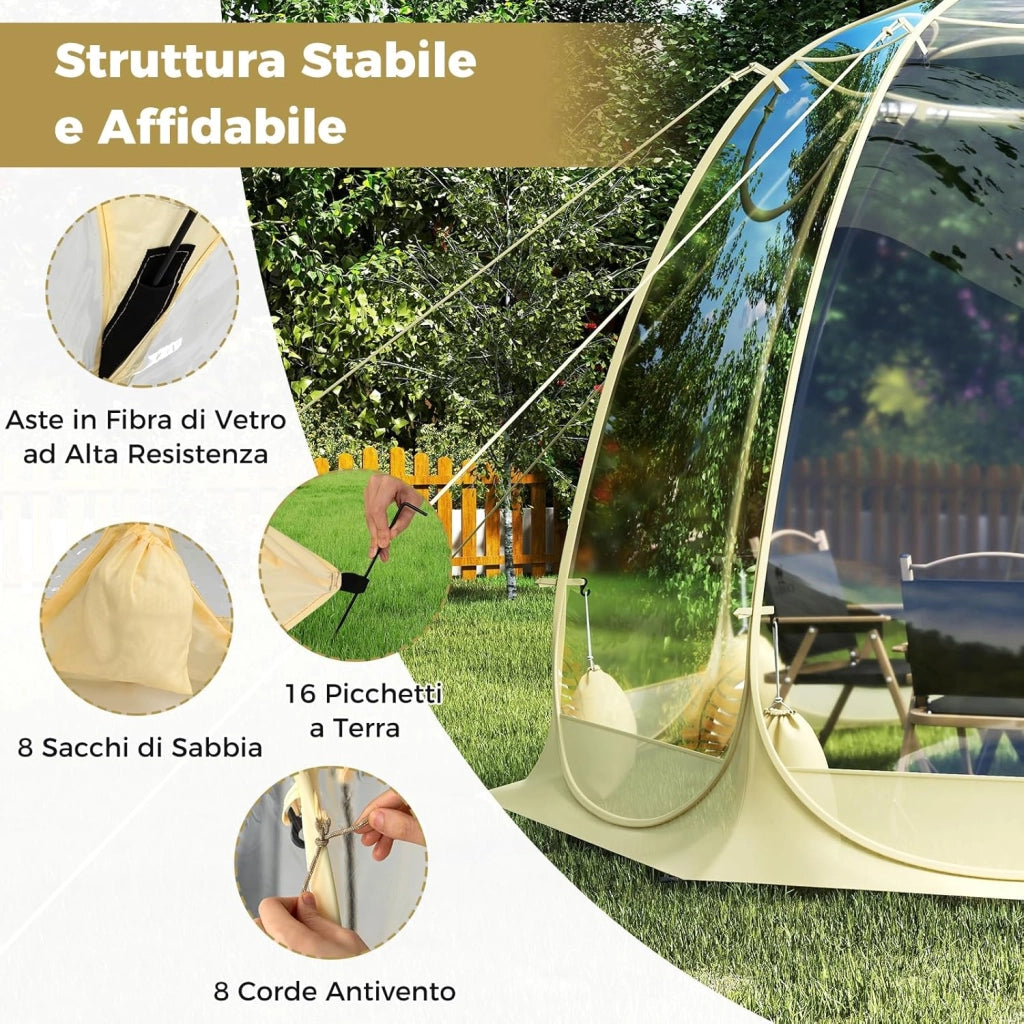 Tenda a Bolle Pop Up, Tenda da Campeggio Trasparente per 5-6 Persone, Antivento e Impermeabile, Igloo Portatile da Giardino in PVC, per Pesca, Spiaggia, Eventi Sportivi e Attività all’Aperto
