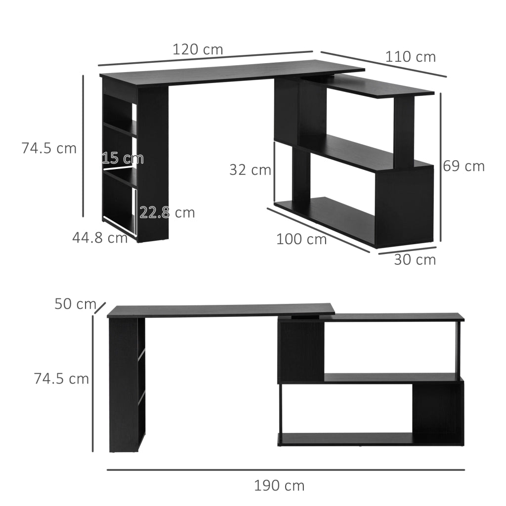 Scrivania Angolare con Piano Girevole a 360° 120x110x74,5 cm Struttura a Ripiani in Legno Ingegnerizzato Nero
