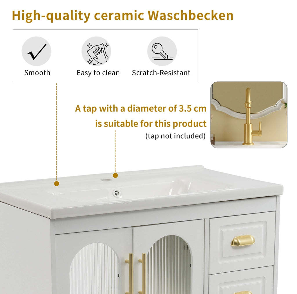 Mobile bagno bianco 80 cm con lavabo in porcellana e 3 cassetti
