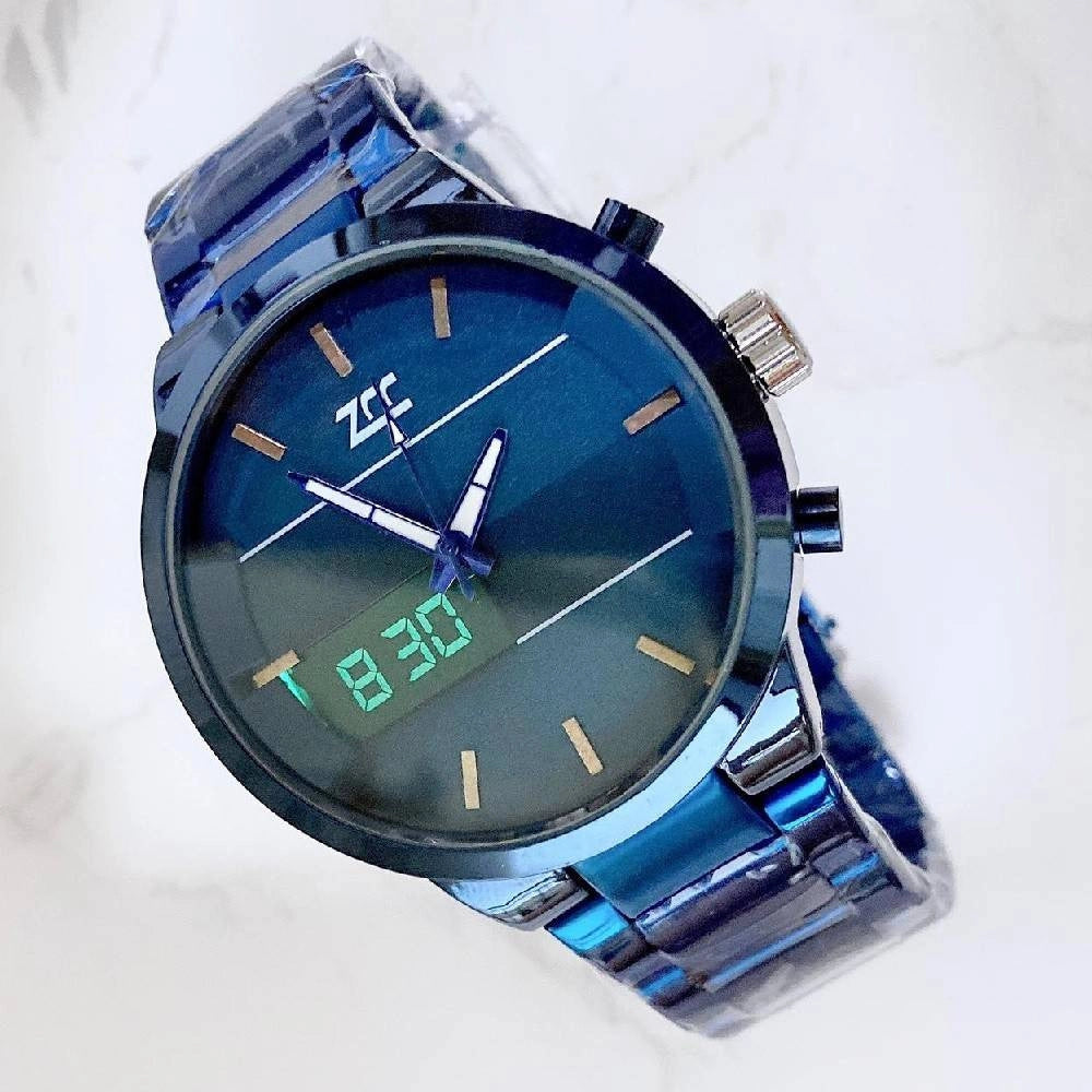 Trade Shop - Orologio Da Polso Zcc 7258 Per Uomo Movimento Al Quarzo Acciaio Dual Time Blu -