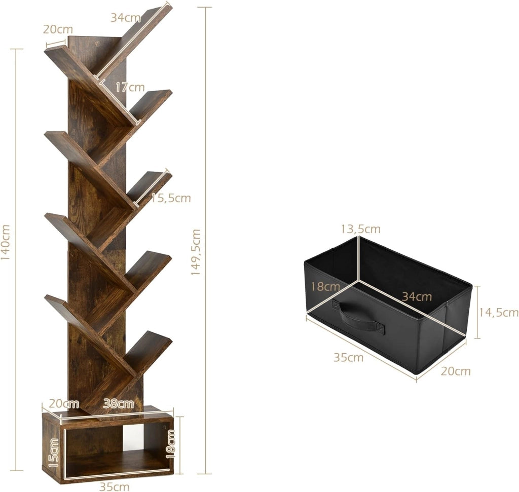 Libreria ad Albero, a 8 Ripiani, Scaffale per Libri con Cassetto Rimovibile, Design di Antiribaltamento, Organizzazione per CD, Riviste, Libri, 38x20x149,5 cm, 4 Colori (Marrone)