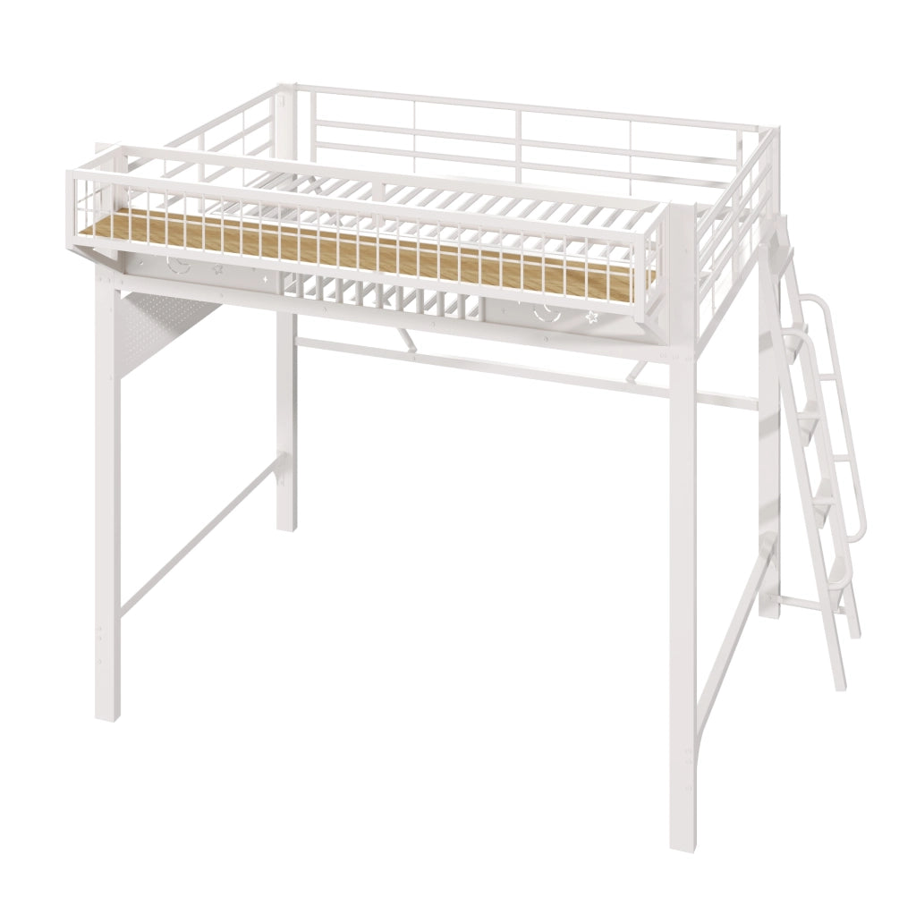 Letto a soppalco 140x200 cm in metallo bianco con vani contenitore e scala reversibile