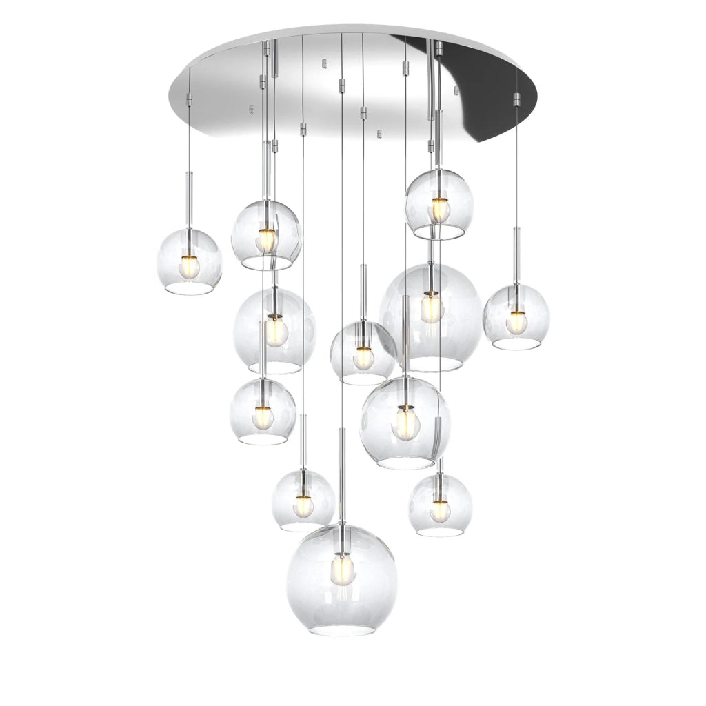 Lampadario Contemporaneo Future Metallo Cromo Vetro Mix Trasparente 12 Luci E27
