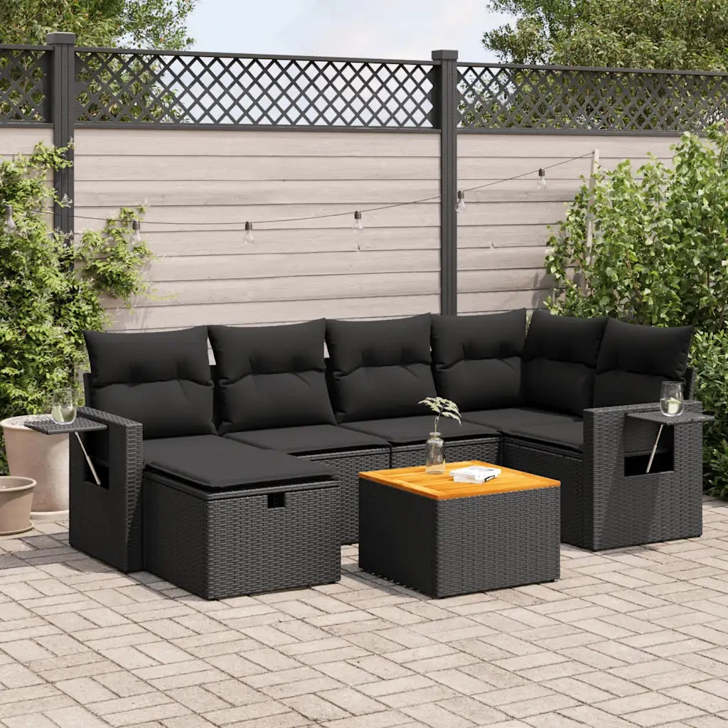 Set Divani da Giardino con Cuscini 7pz Nero Polyrattan