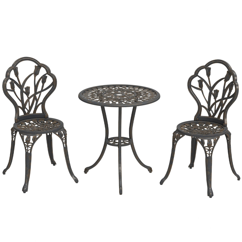 Set da Esterno 3 Pezzi con 2 Sedie da Giardino e Tavolo Rotondo con Foro per Ombrellone, Bronzo