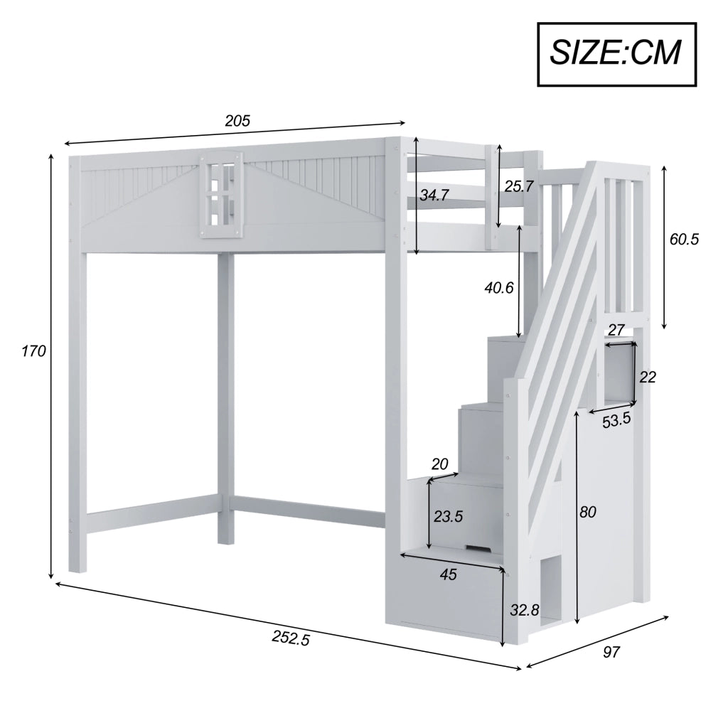 OKWISH Letto a Soppalco 90×200 cm, Letto Singolo con Sponde di Sicurezza, Scala Reversibile e Ripiani Laterali, senza Materasso, Grigio