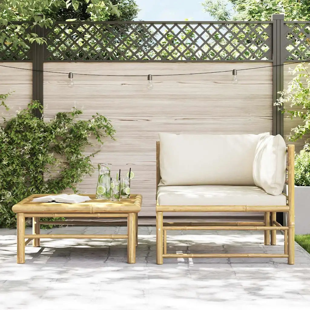Salotto da Giardino-Set Divani da Giardino 2 pz con Cuscini Bianco Crema in Bamb¨´ 604948