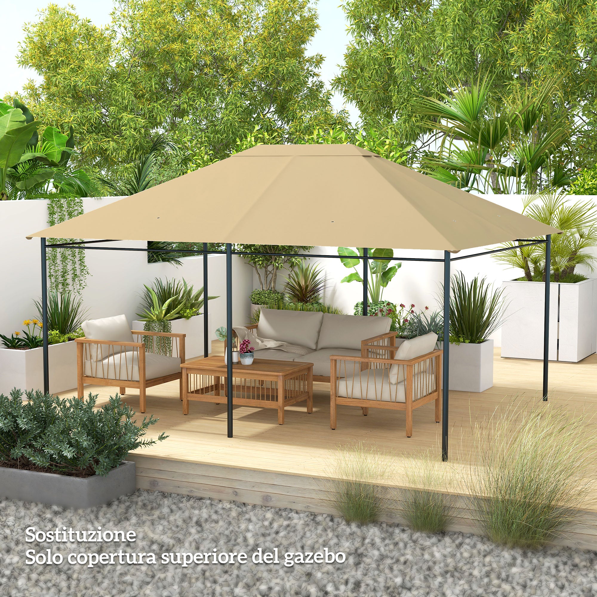 Tetto di Ricambio 4x3 m per Gazebo Anti UV con Presa d'Aria in Poliestere Cachi