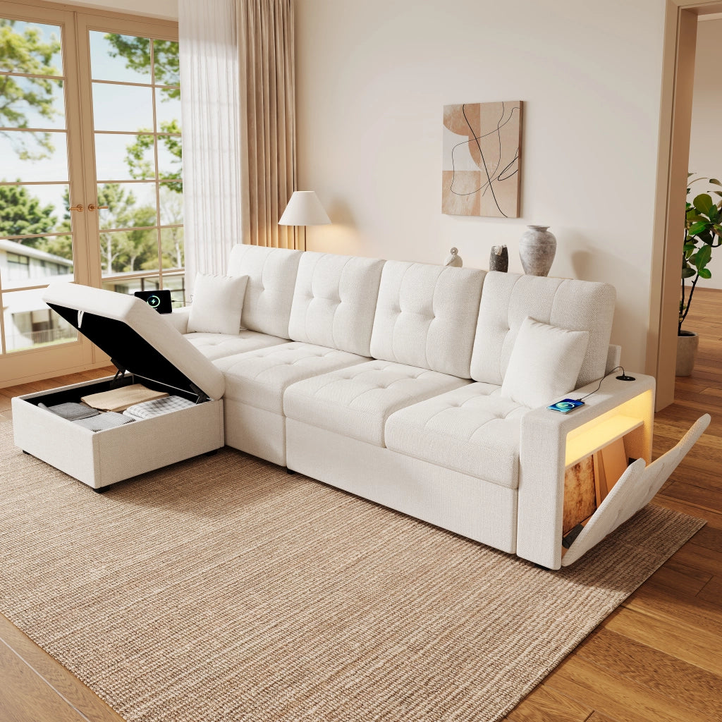 Divano angolare 4 posti in tessuto di lino beige con pouf contenitore; LED e USB Type-C 253 × 144.5 × 80.7 cm