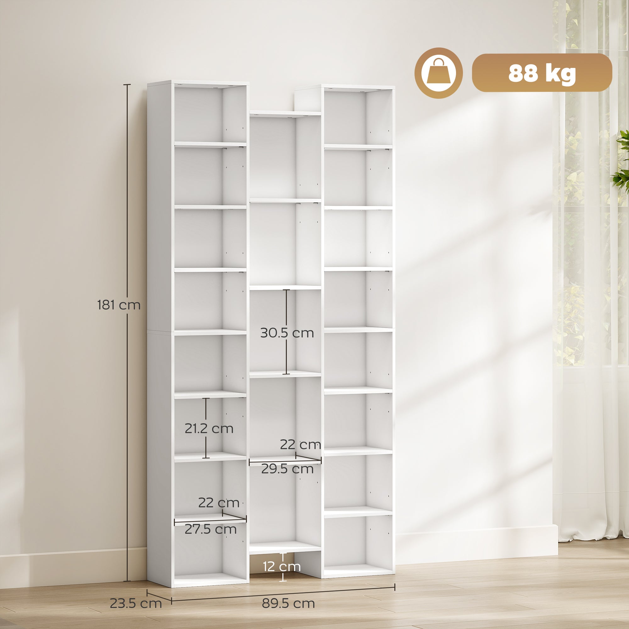 Libreria Moderna 89,5x23,5x181 cm con 21 Scomparti e 10 Ripiani Regolabili in Legno Bianco