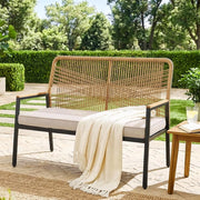 Panchina da giardino in rattan, sedia da giardino a 2 posti in polyrattan, panchina da esterno, resistente alle intemperie, braccioli in WPC, per terrazza, giardino e veranda, beige