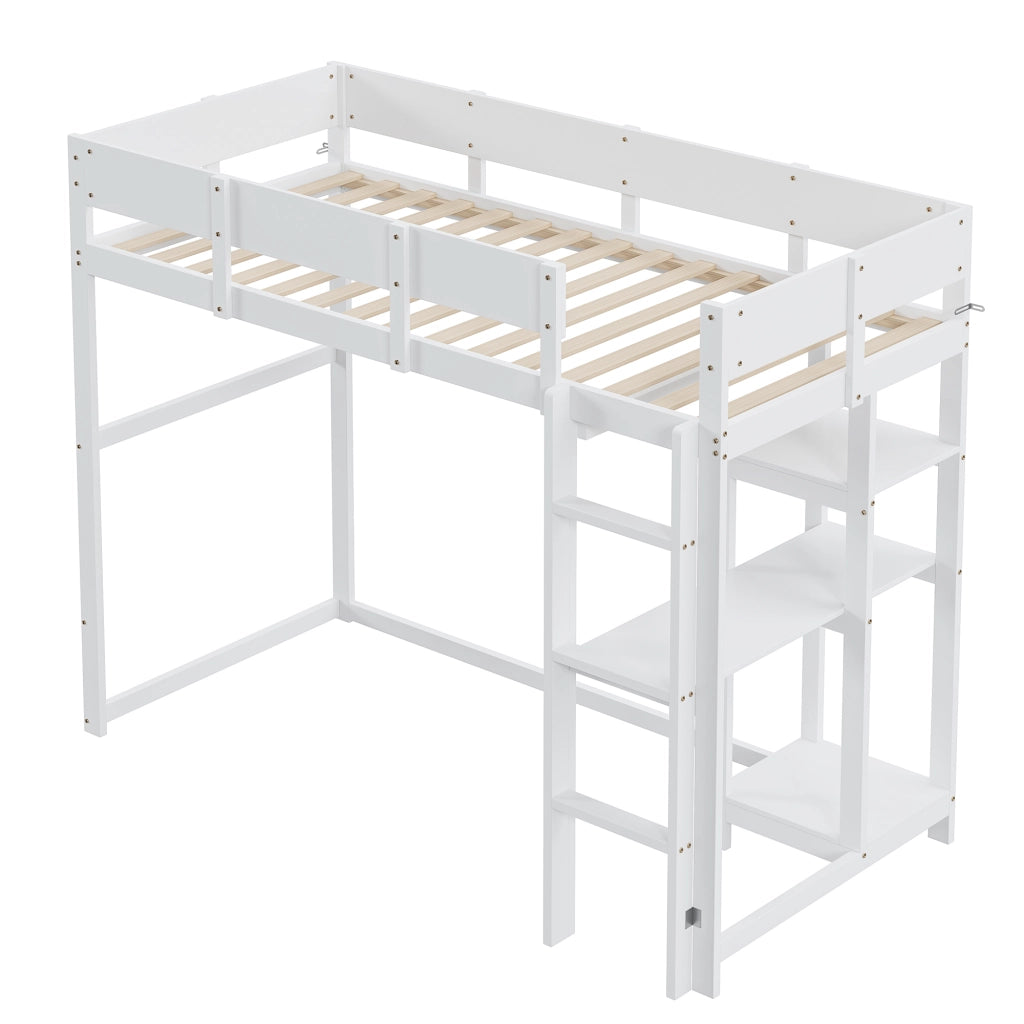 Letto a Soppalco Singolo con Scaffale e Sponde 90 × 200 cm; senza Materasso; in Legno; Bianco