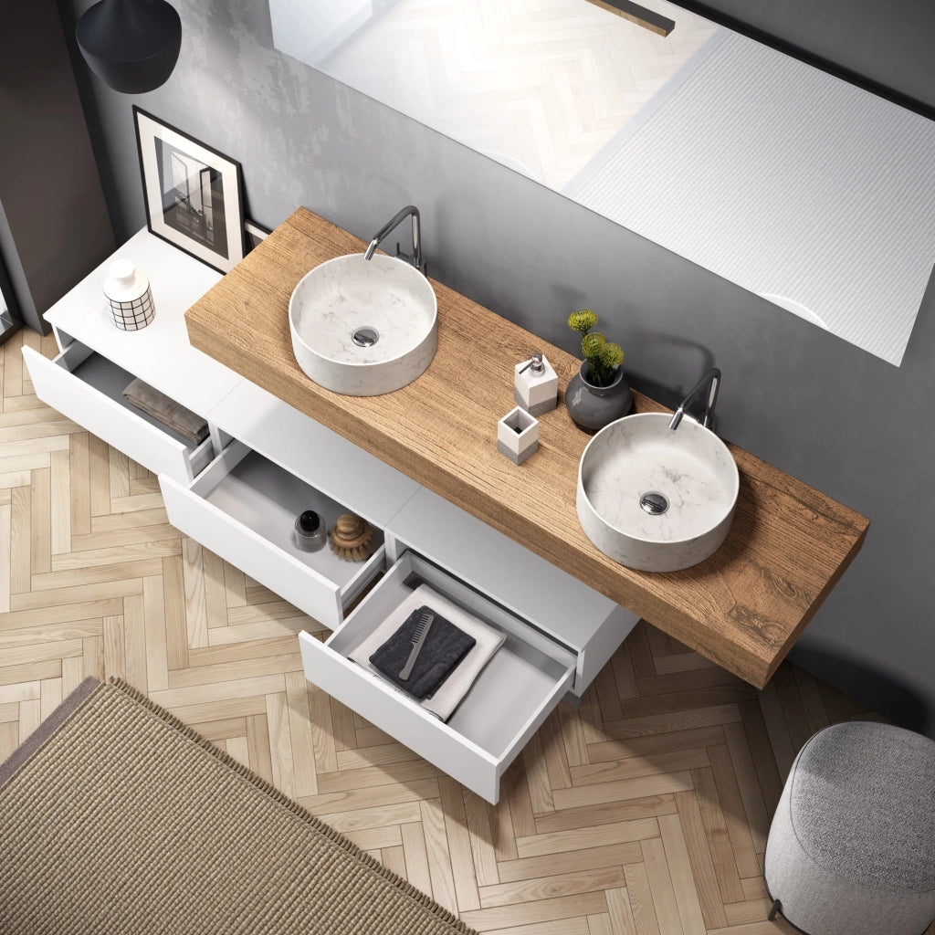 Composizione doppio lavabo 9 pezzi ASTRA rovere miele/bianco opaco