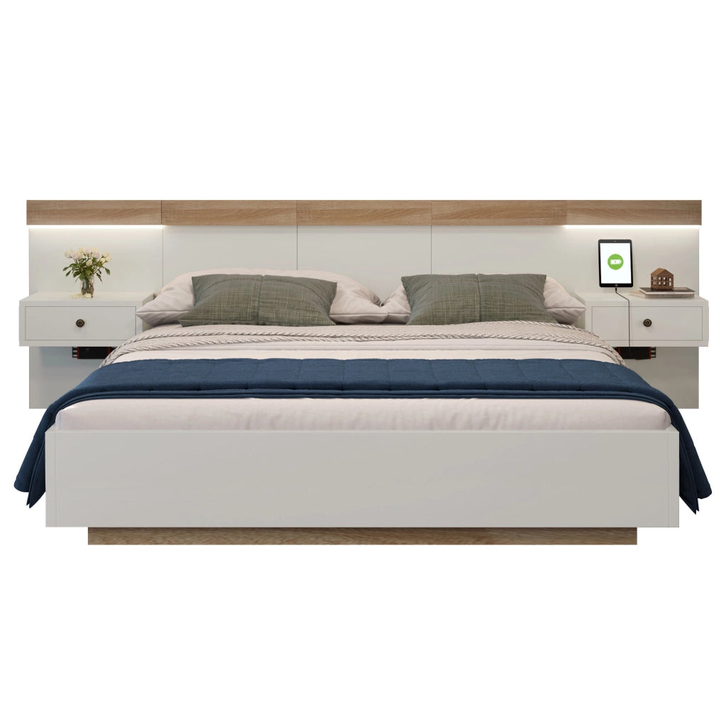Letto matrimoniale 160x200 cm con 2 comodini LED, presa USB/USB-C, effetto sospeso, colore Sonoma quercia/bianco