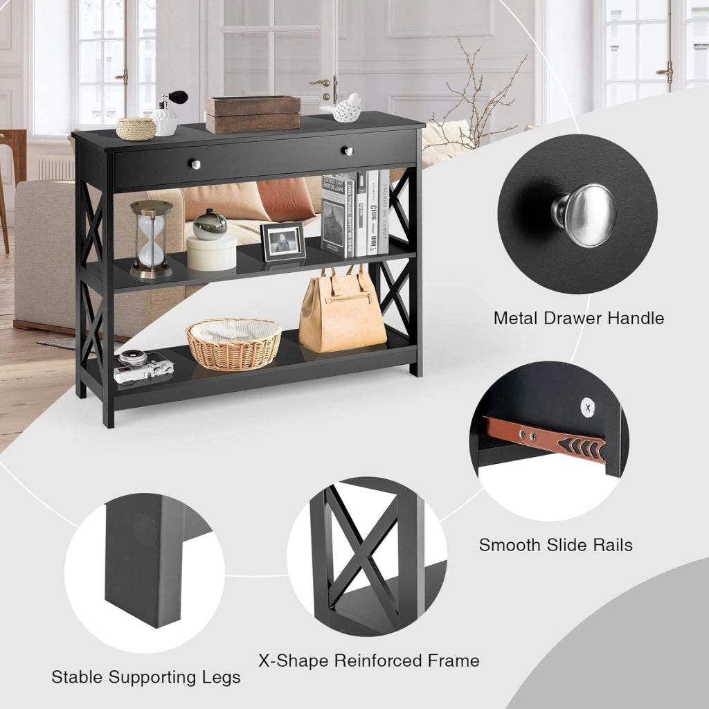 Consolle sottile, tavolino da corridoio con cassetto e 2 ripiani, tavolino d'ingresso, tavolo da ingresso, tavolo sottile, moderno tavolo decorativo con protezione antiribaltamento, 100 x 30 x