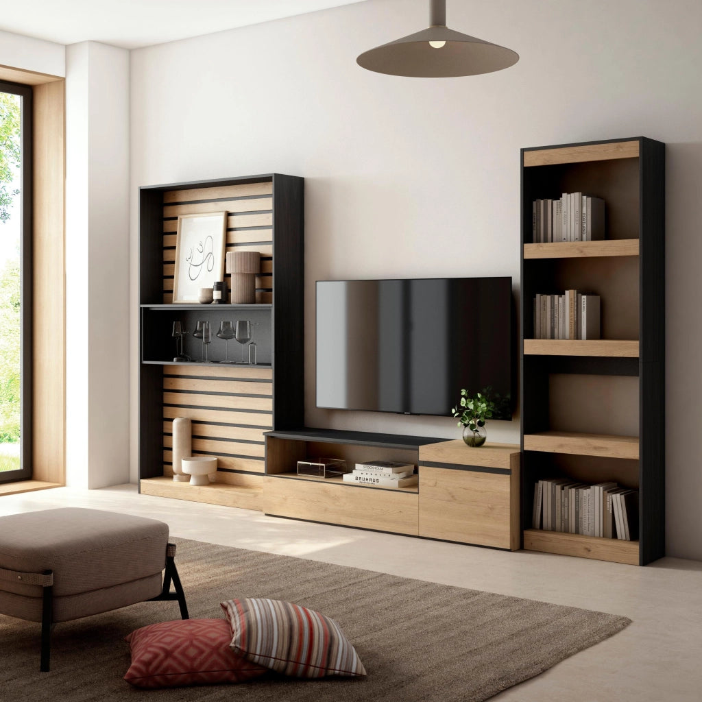 Mobile TV, Soggiorno, 320x35x186cm, Set di mobili, colore Rovere e nero RF2589
