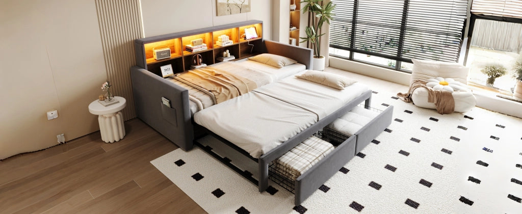 Letto pieghevole imbottito con LED e USB 90x190 cm velluto grigio