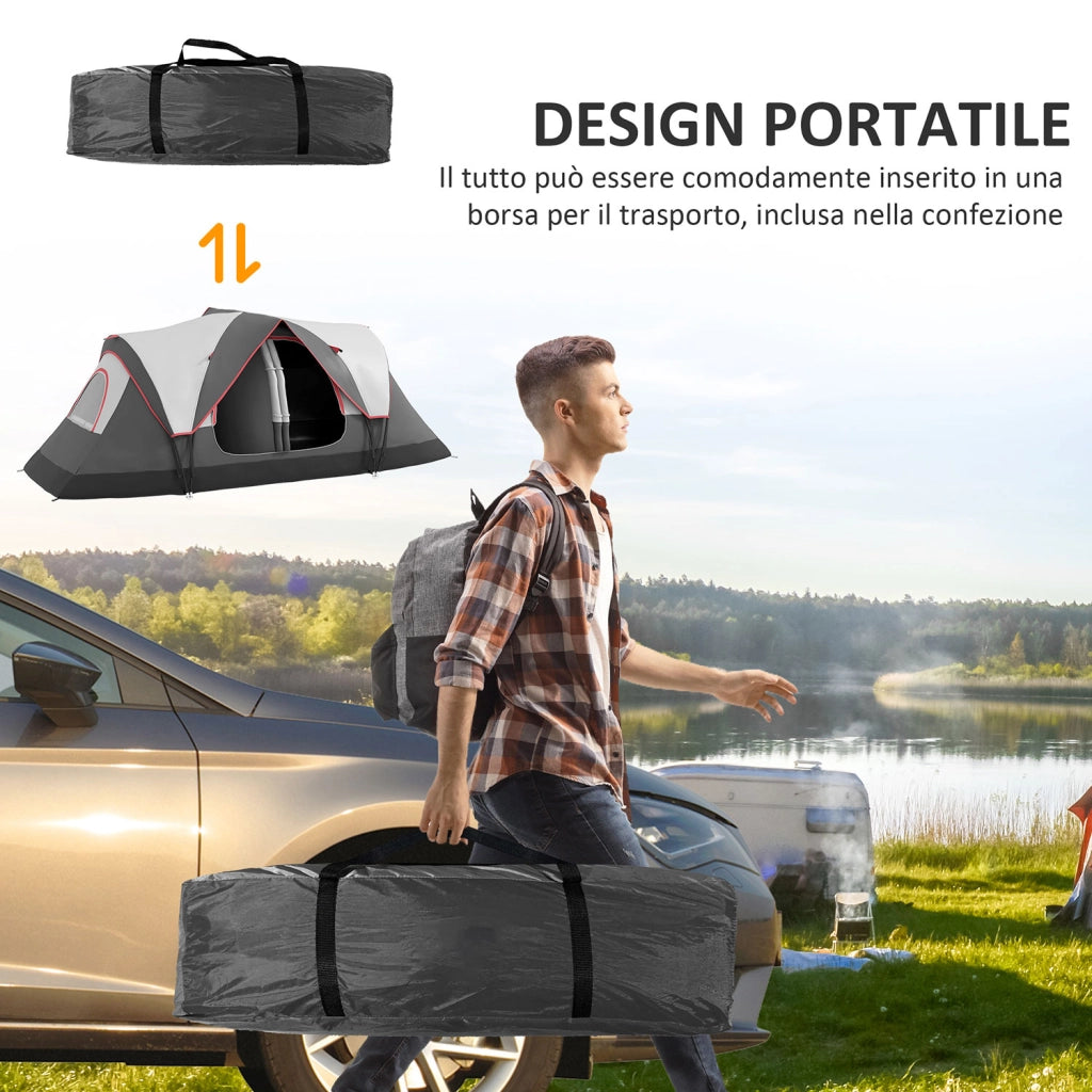 Tenda da Campeggio 450x215x180 cm 6 Posti con 2 Stanze Separate Grigio