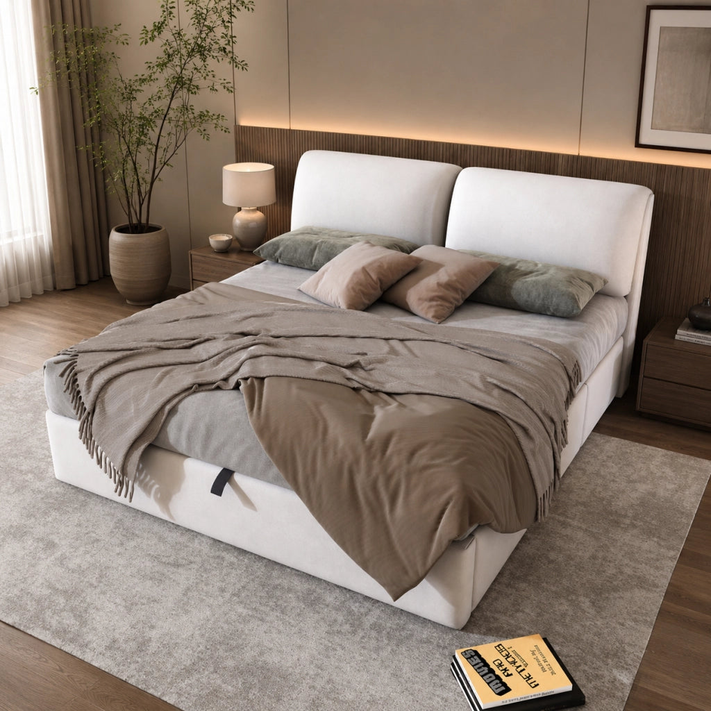 Letto contenitore 160x200 cm; letto matrimoniale con contenitore idraulico; 3 cassetti; rete a doghe e testiera; velluto; beige