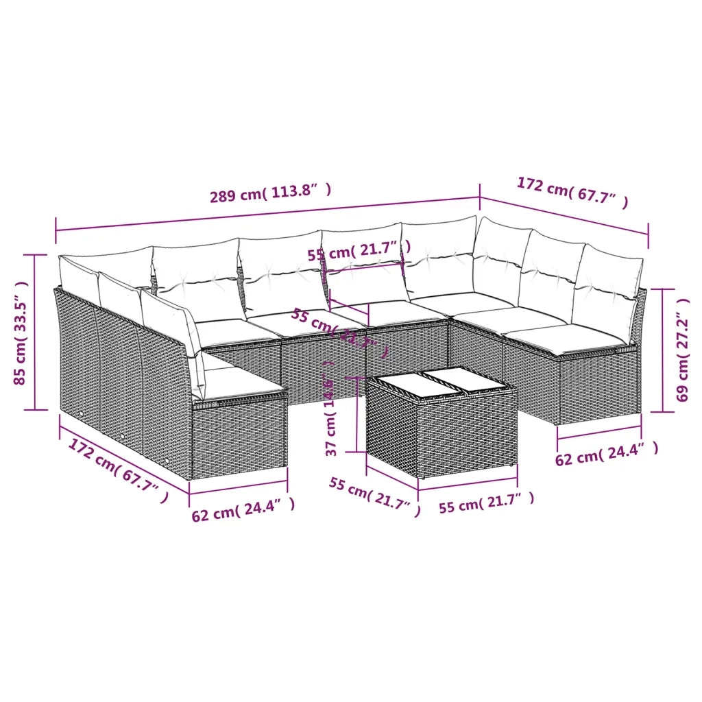 Set Divani da Giardino 10pz con Cuscini in Polyrattan Nero 3218076